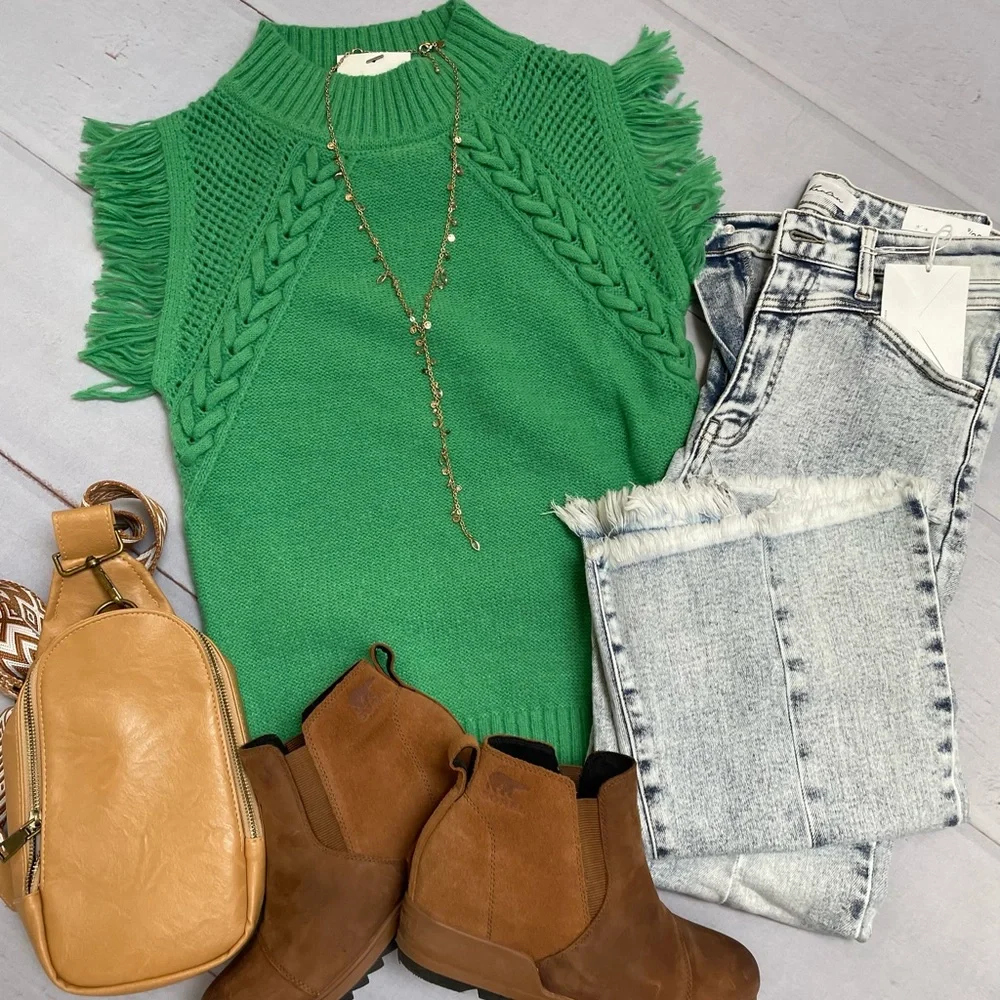 Green cable knit fringe short sleeve sweater - Picture 3 of 8